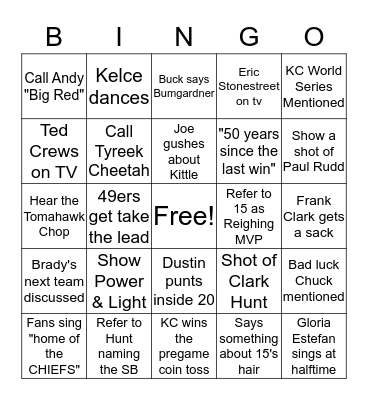 Superbowl 2020 CHIEFS vs. 49ers Bingo Card