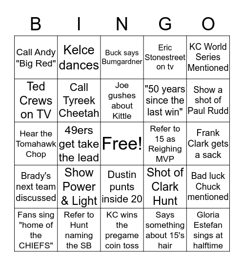 Superbowl 2020 CHIEFS vs. 49ers Bingo Card