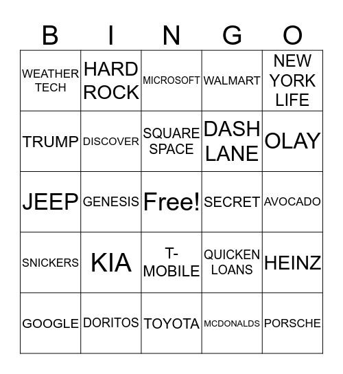 SUPERBOWL BINGO 2020 Bingo Card