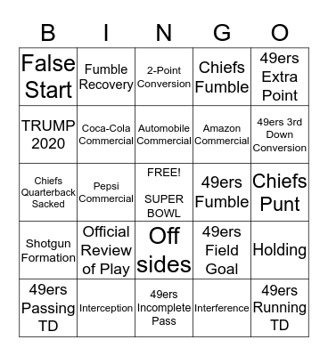 2020 Super Bowl Bingo Card