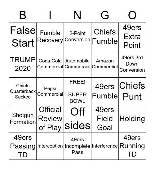 2020 Super Bowl Bingo Card