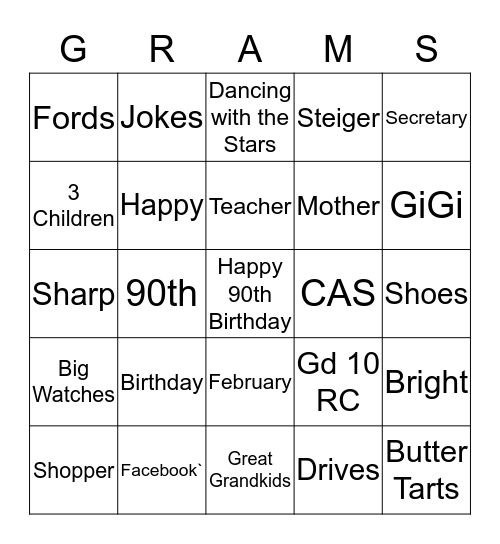 Happy 90th Birthday!!! Bingo Card