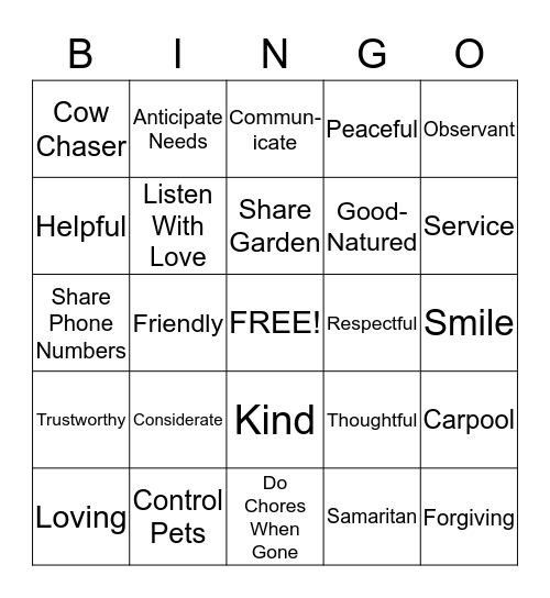 A GOOD NEIGHBOR Bingo Card