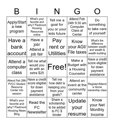 February Community Wealth Building Bingo Card