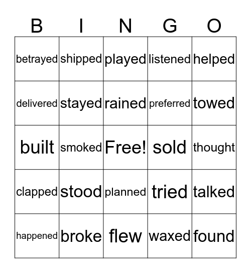 Simple Past Tense Regular & Irregular Verbs Bingo Card