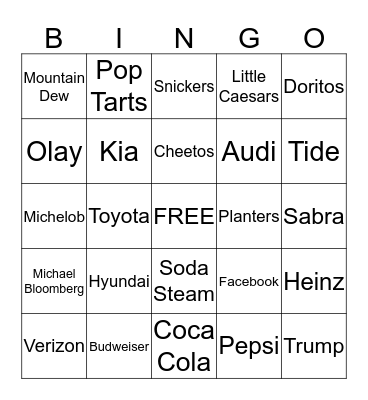 Super Bowl Commercial Bingo Card