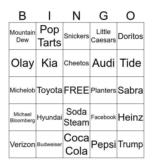 Super Bowl Commercial Bingo Card