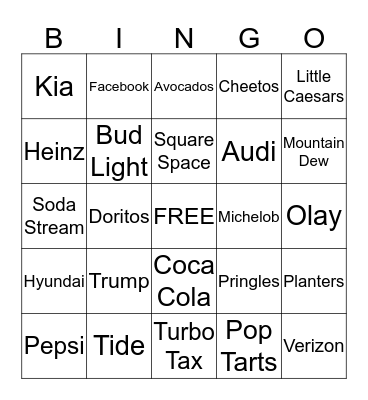 Super Bowl Commercial Bingo Card