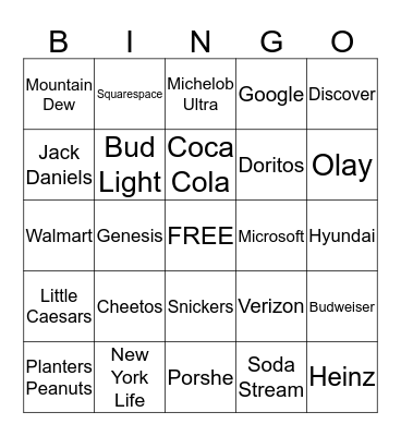 SuperBowl 2020 Commercials Bingo Card