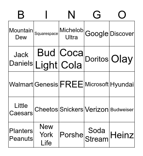 SuperBowl 2020 Commercials Bingo Card