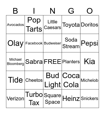 Super Bowl Commercial Bingo Card