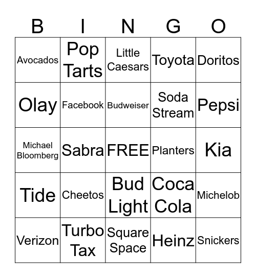 Super Bowl Commercial Bingo Card