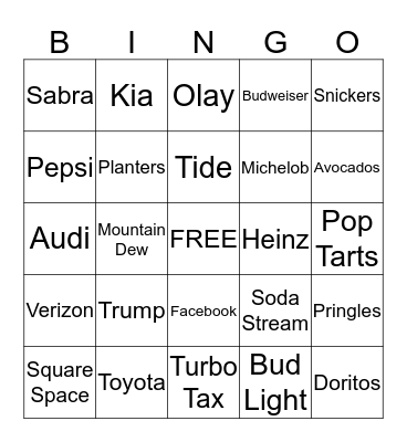 Super Bowl Commercial Bingo Card
