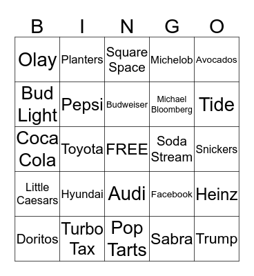 Super Bowl Commercial Bingo Card