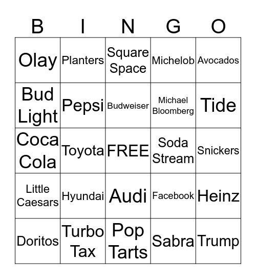 Super Bowl Commercial Bingo Card