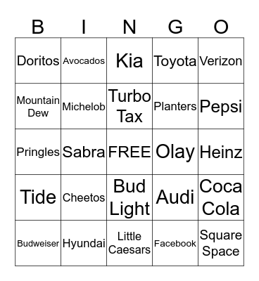 Super Bowl Commercial Bingo Card