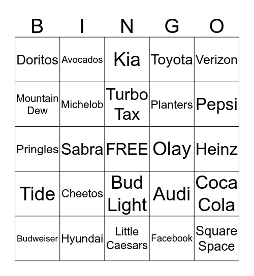 Super Bowl Commercial Bingo Card