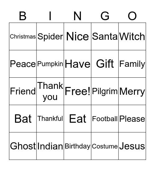 Holidays  Bingo Card