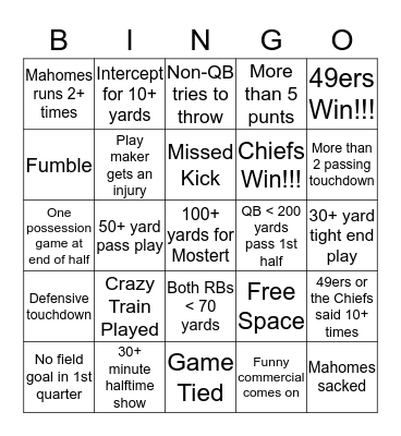 Super Bowl! Bingo Card