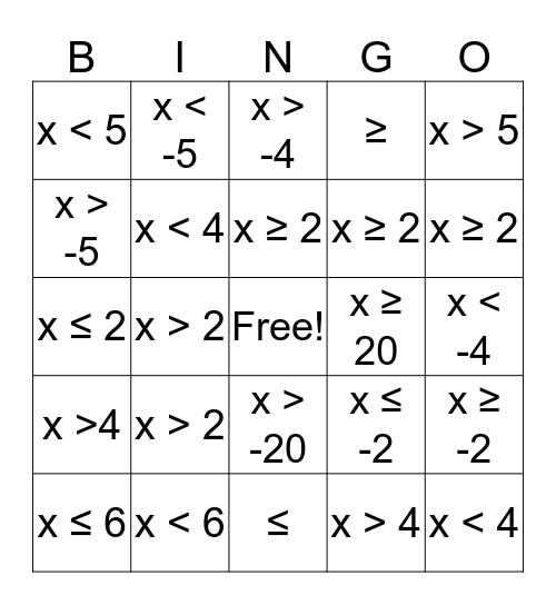 1-Step Inequalities Bingo! Bingo Card