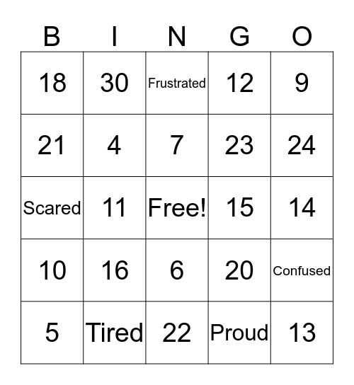 Numbers & Emotions Bingo Card
