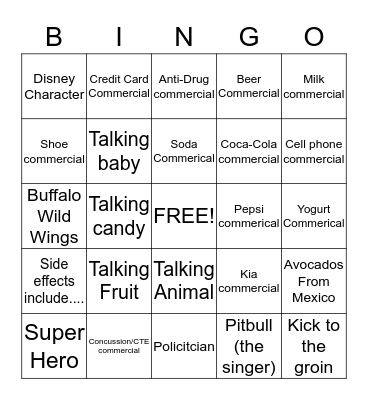 Superbowl Commercial Bingo Card