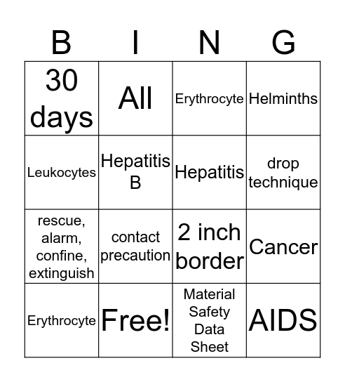 Infection Control Bingo Card