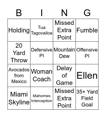 Superbowl LIV Bingo Card