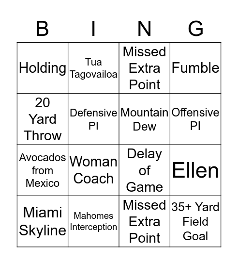 Superbowl LIV Bingo Card