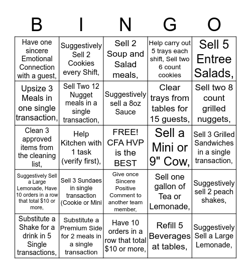 CFA HVP Bingo Game Bingo Card