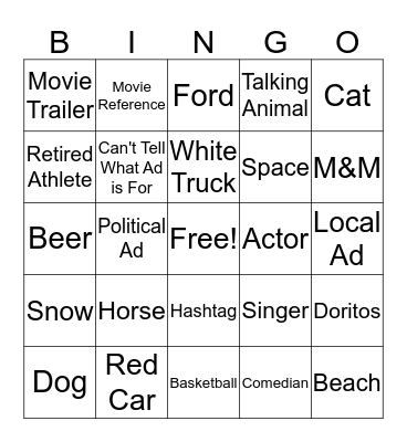 Super Bowl LIV - Commercials Bingo Card