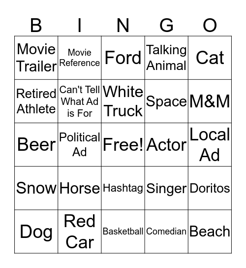 Super Bowl LIV - Commercials Bingo Card