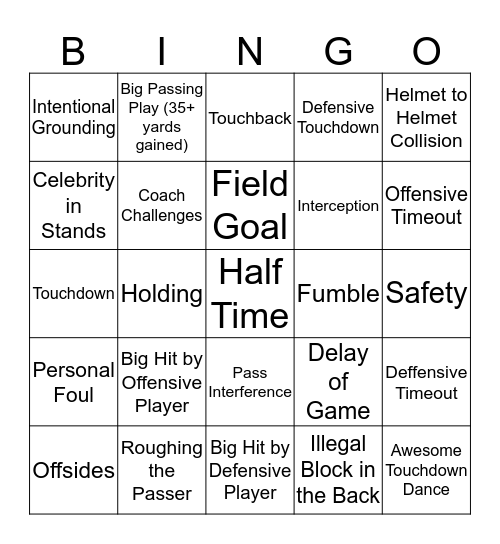 Superbowl Bingo Card