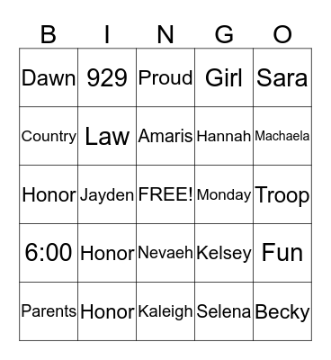 Girl Scout Bingo Card