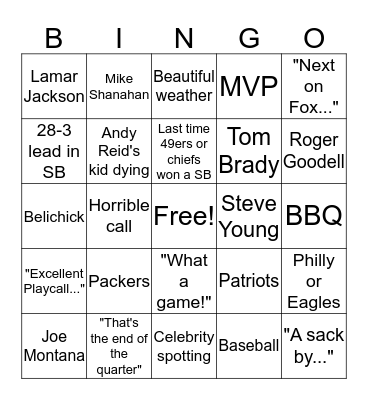 Superbowl Bingo Card