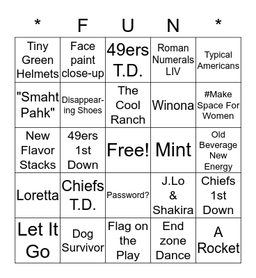 2020 SUPER BOWL & Commercials Bingo Card