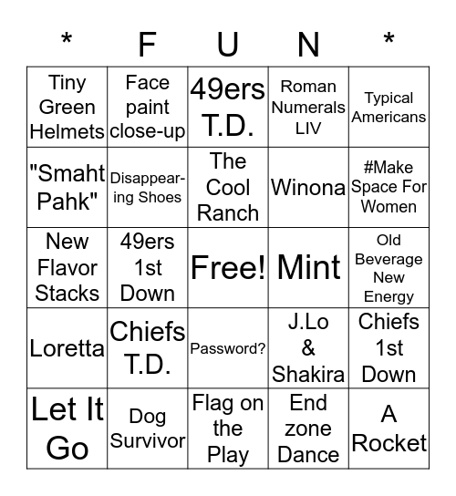 2020 SUPER BOWL & Commercials Bingo Card