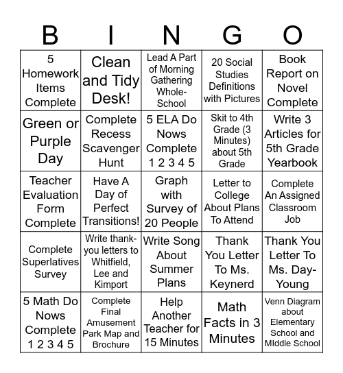 5th Grade Bingo Card