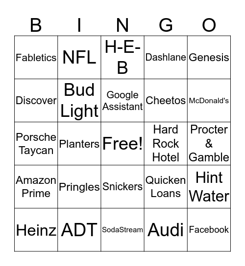 Super Bowl 2020 Bingo Card