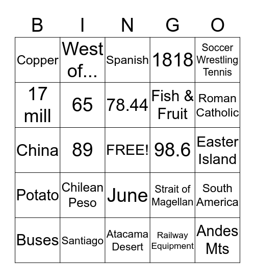 Chile Bingo Card
