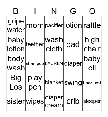 Welcome Baby Lauren Bingo Card
