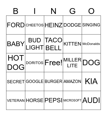 Superbowl Commercial Bingo Card