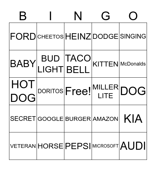 Superbowl Commercial Bingo Card