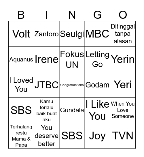 Irene's Bingo Card