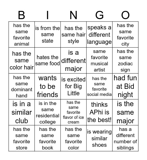 Welcome to Alpha Phi!       Find Someone Who Bingo Card