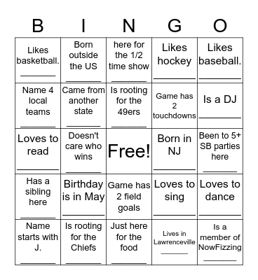 Super Bowl Bingo Card