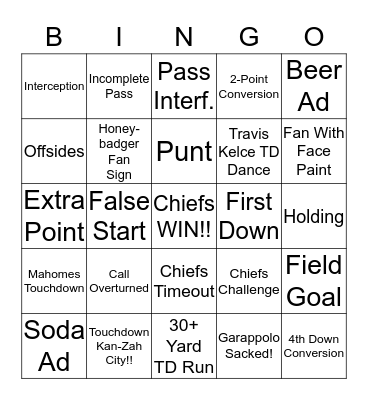 SUPERBOWL BINGO!!  Bingo Card