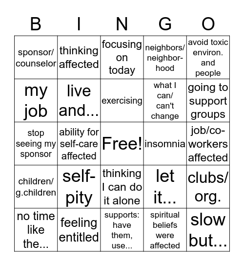 Recovery Bingo Card