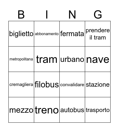 trasporto Bingo Card