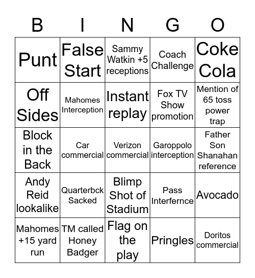 SuperBowl 2020 Bingo Card